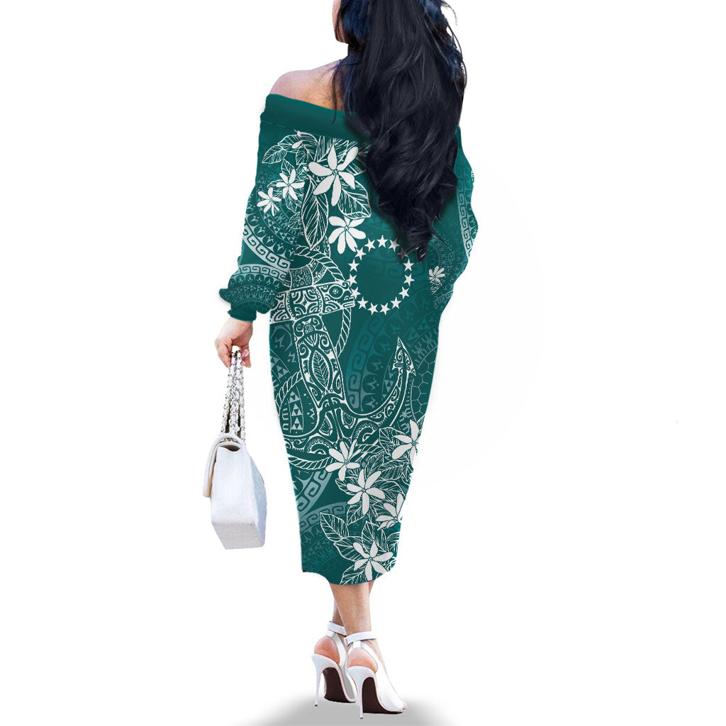 Teal Kuki Airani Tapakau Family Matching Off The Shoulder Long Sleeve Dress and Hawaiian Shirt Tribal Anchor Mix Tiare LT7 - Polynesian Pride