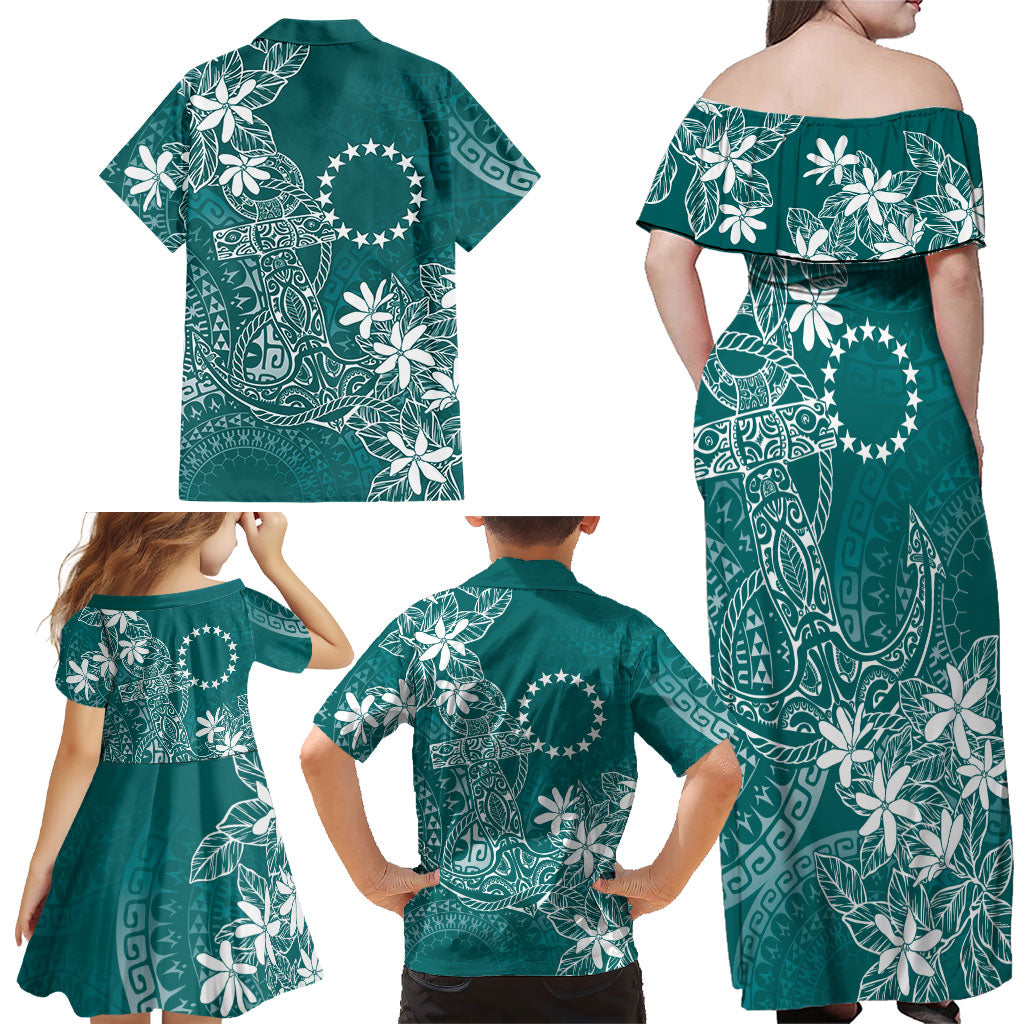 Teal Kuki Airani Tapakau Family Matching Off Shoulder Maxi Dress and Hawaiian Shirt Tribal Anchor Mix Tiare LT7 - Polynesian Pride