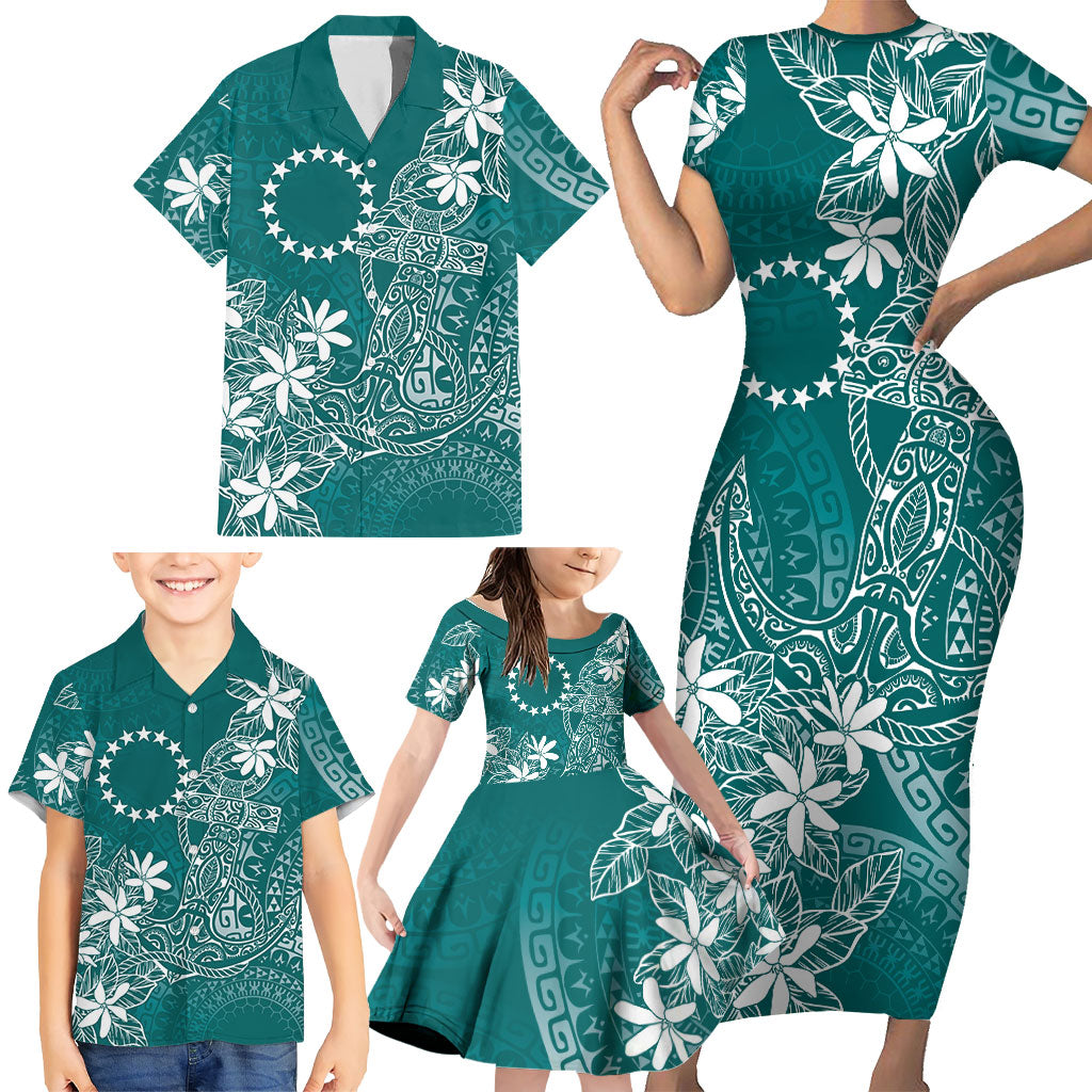 Teal Kuki Airani Tapakau Family Matching Short Sleeve Bodycon Dress and Hawaiian Shirt Tribal Anchor Mix Tiare LT7 - Polynesian Pride