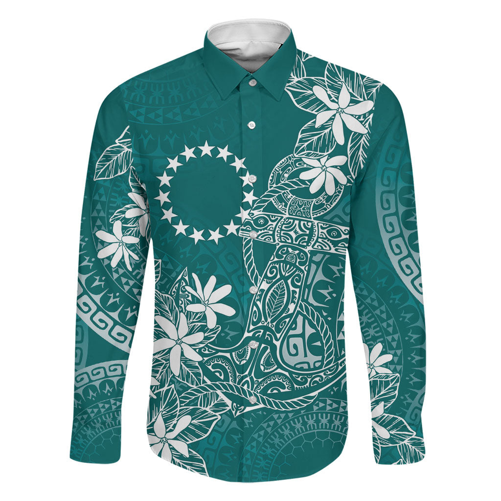 Teal Kuki Airani Tapakau Family Matching Short Sleeve Bodycon Dress and Hawaiian Shirt Tribal Anchor Mix Tiare LT7 Dad's Shirt - Long Sleeve Teal - Polynesian Pride