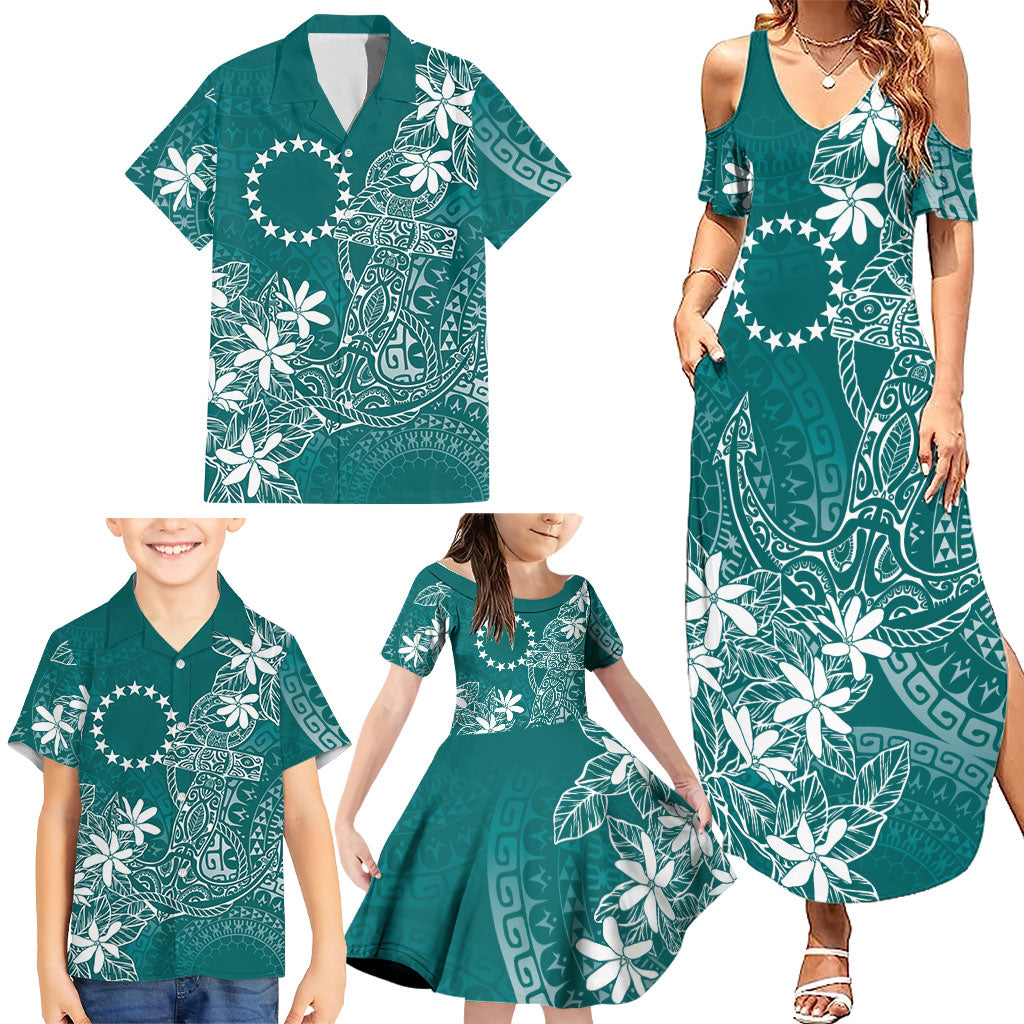 Teal Kuki Airani Tapakau Family Matching Summer Maxi Dress and Hawaiian Shirt Tribal Anchor Mix Tiare LT7 - Polynesian Pride