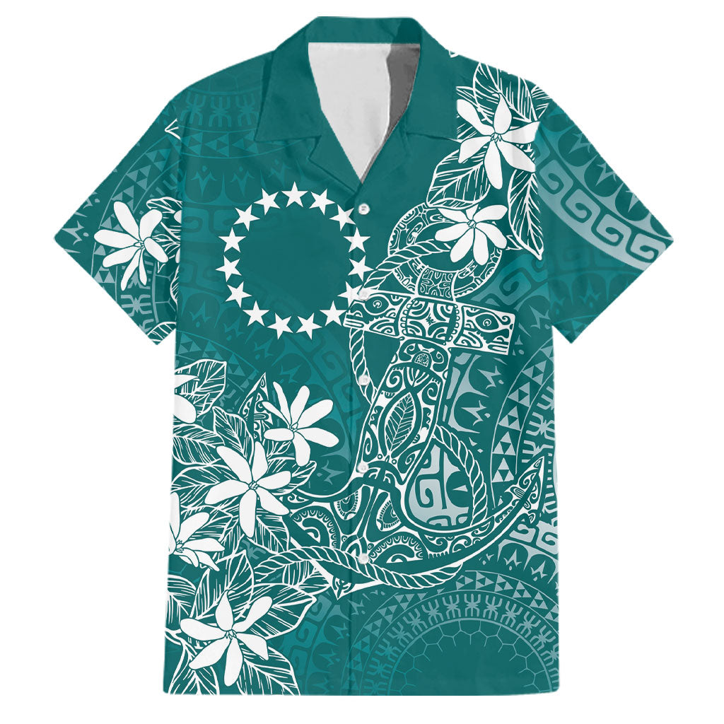 Teal Kuki Airani Tapakau Family Matching Tank Maxi Dress and Hawaiian Shirt Tribal Anchor Mix Tiare LT7 Dad's Shirt - Short Sleeve Teal - Polynesian Pride