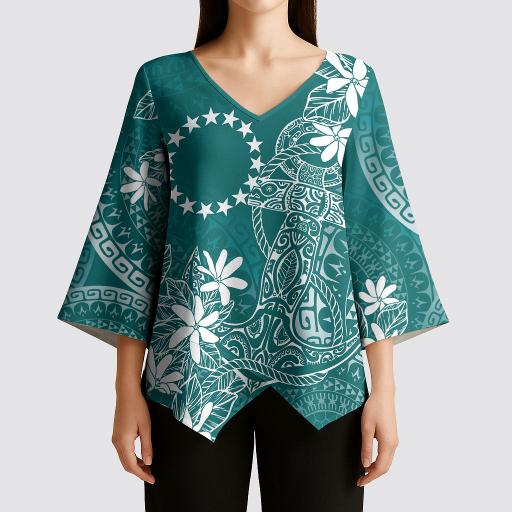 Teal Kuki Airani Tapakau Kimono Sleeve Blouse Tribal Anchor Mix Tiare
