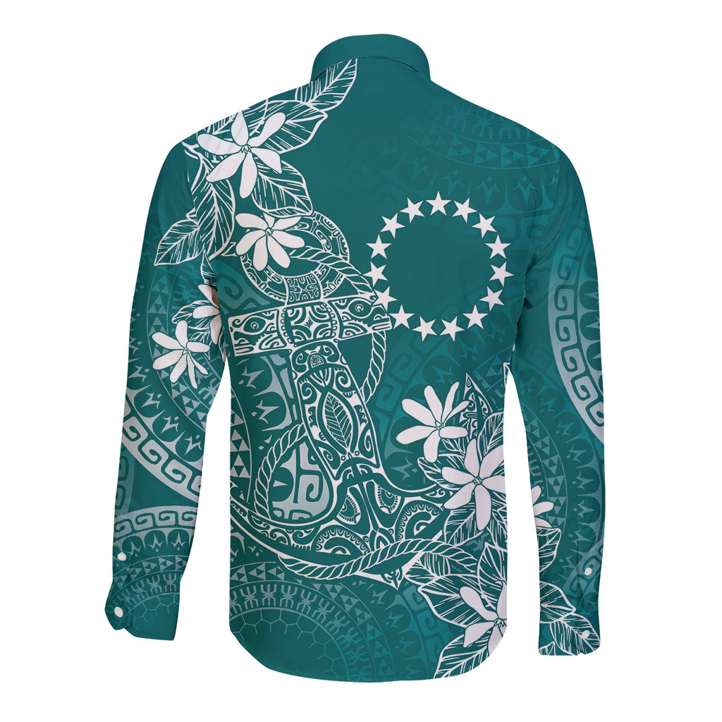 Teal Kuki Airani Tapakau Long Sleeve Button Shirt Tribal Anchor Mix Tiare
