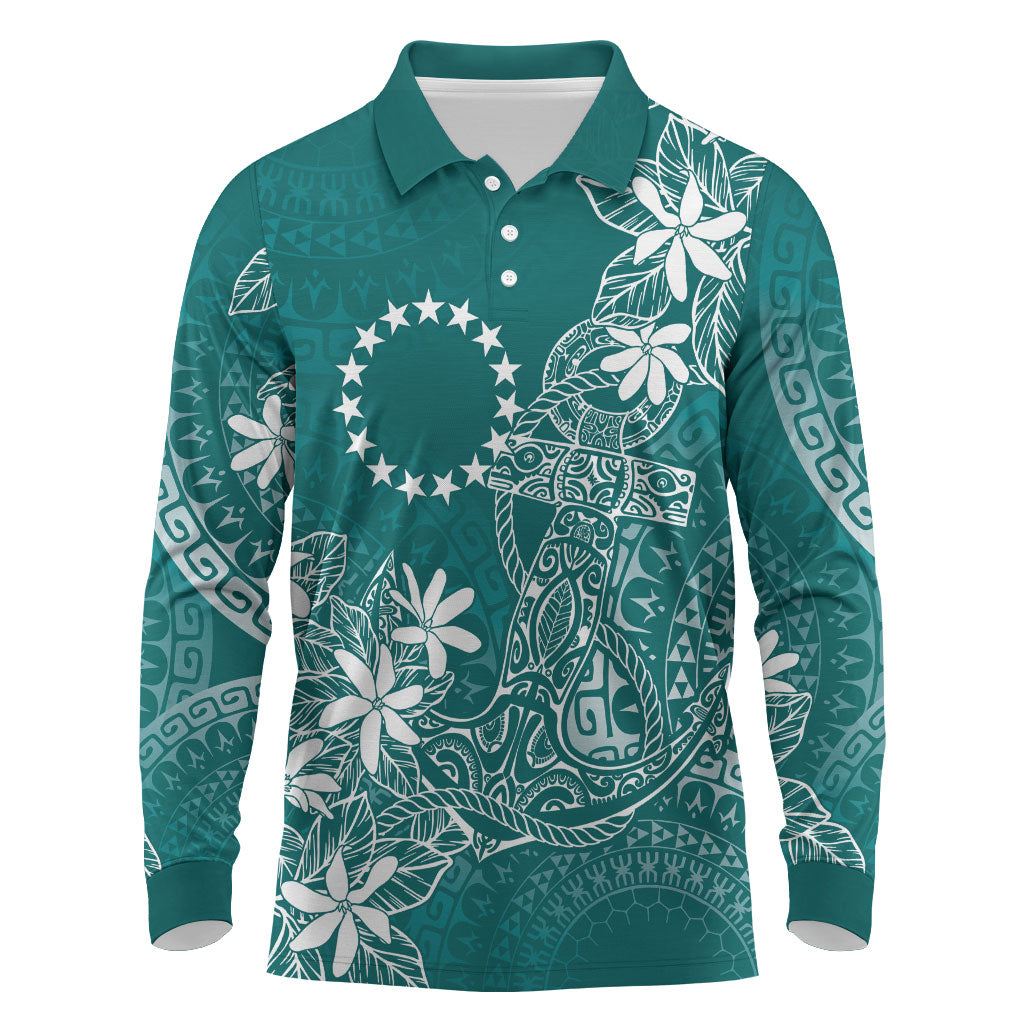 Teal Kuki Airani Tapakau Long Sleeve Polo Shirt Tribal Anchor Mix Tiare LT7 Teal - Polynesian Pride