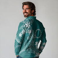 Teal Kuki Airani Tapakau Long Sleeve Polo Shirt Tribal Anchor Mix Tiare LT7 - Polynesian Pride