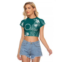 Teal Kuki Airani Tapakau Raglan Cropped T Shirt Tribal Anchor Mix Tiare LT7 Female Teal - Polynesian Pride