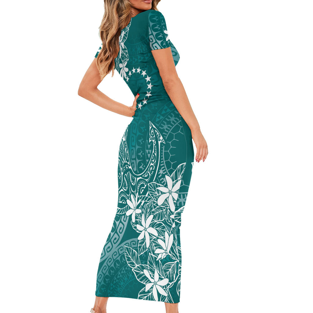 Teal Kuki Airani Tapakau Short Sleeve Bodycon Dress Tribal Anchor Mix Tiare LT7 - Polynesian Pride