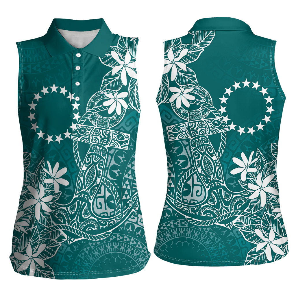 Teal Kuki Airani Tapakau Women Sleeveless Polo Shirt Tribal Anchor Mix Tiare LT7 - Polynesian Pride