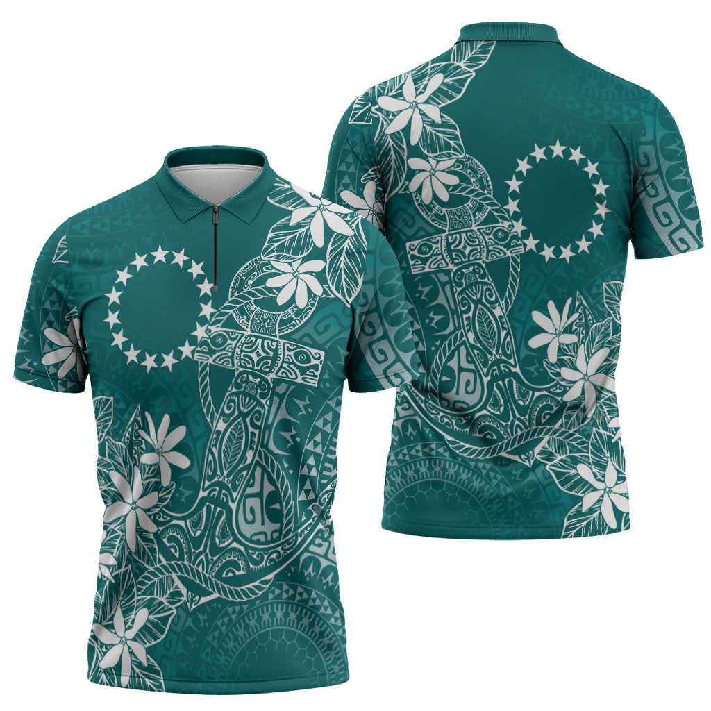 Teal Kuki Airani Tapakau Zipper Polo Shirt Tribal Anchor Mix Tiare LT7 - Polynesian Pride