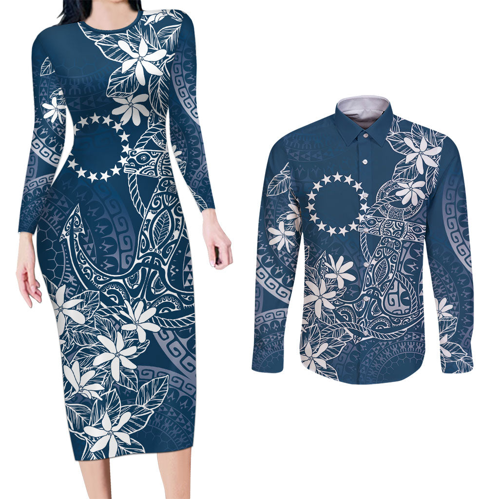 Navy Kuki Airani Tapakau Couples Matching Long Sleeve Bodycon Dress and Long Sleeve Button Shirt Tribal Anchor Mix Tiare