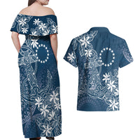 Navy Kuki Airani Tapakau Couples Matching Off Shoulder Maxi Dress and Hawaiian Shirt Tribal Anchor Mix Tiare LT7 - Polynesian Pride