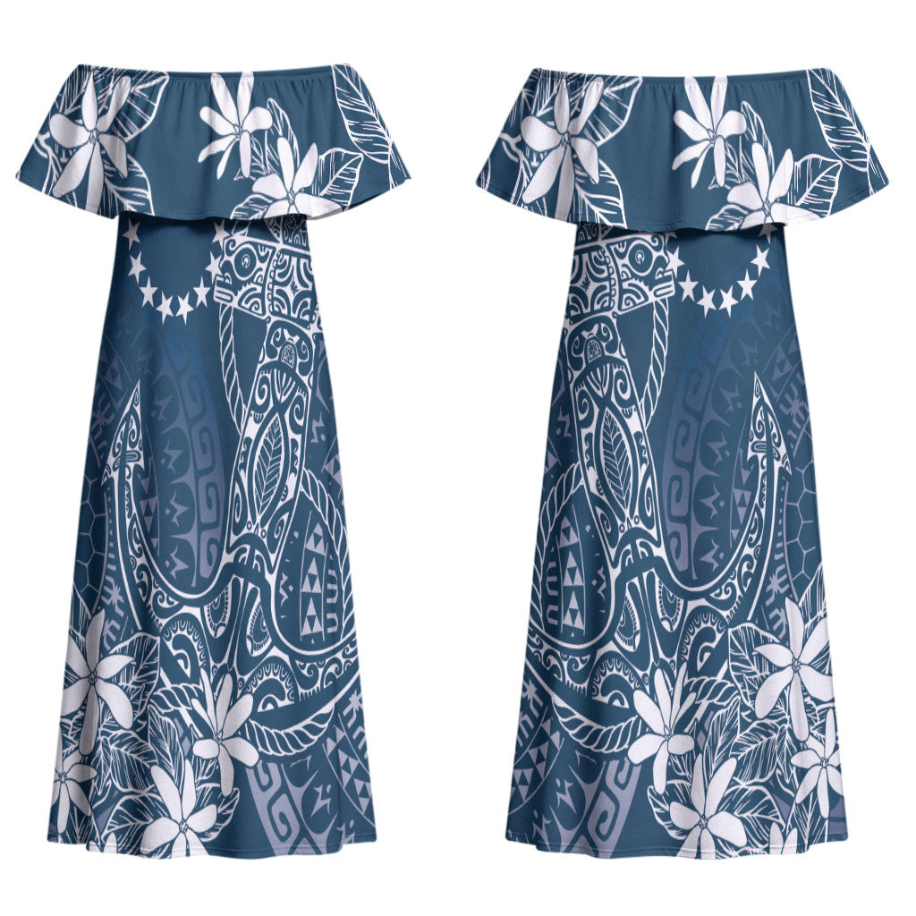 Navy Kuki Airani Tapakau Couples Matching Off Shoulder Maxi Dress and Long Sleeve Button Shirt Tribal Anchor Mix Tiare LT7 - Polynesian Pride