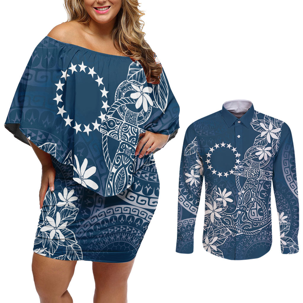 Navy Kuki Airani Tapakau Couples Matching Off Shoulder Short Dress and Long Sleeve Button Shirt Tribal Anchor Mix Tiare LT7 Navy - Polynesian Pride