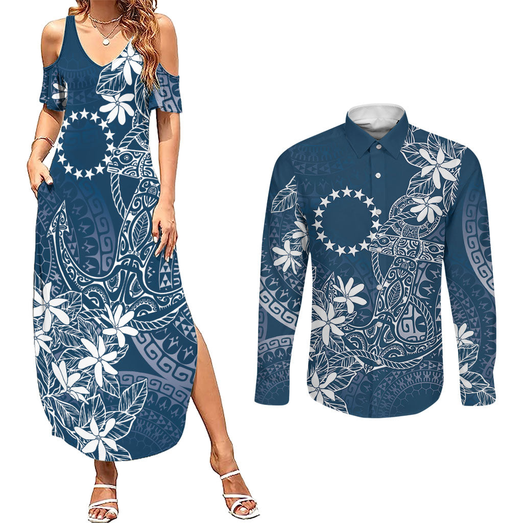 Navy Kuki Airani Tapakau Couples Matching Summer Maxi Dress and Long Sleeve Button Shirt Tribal Anchor Mix Tiare