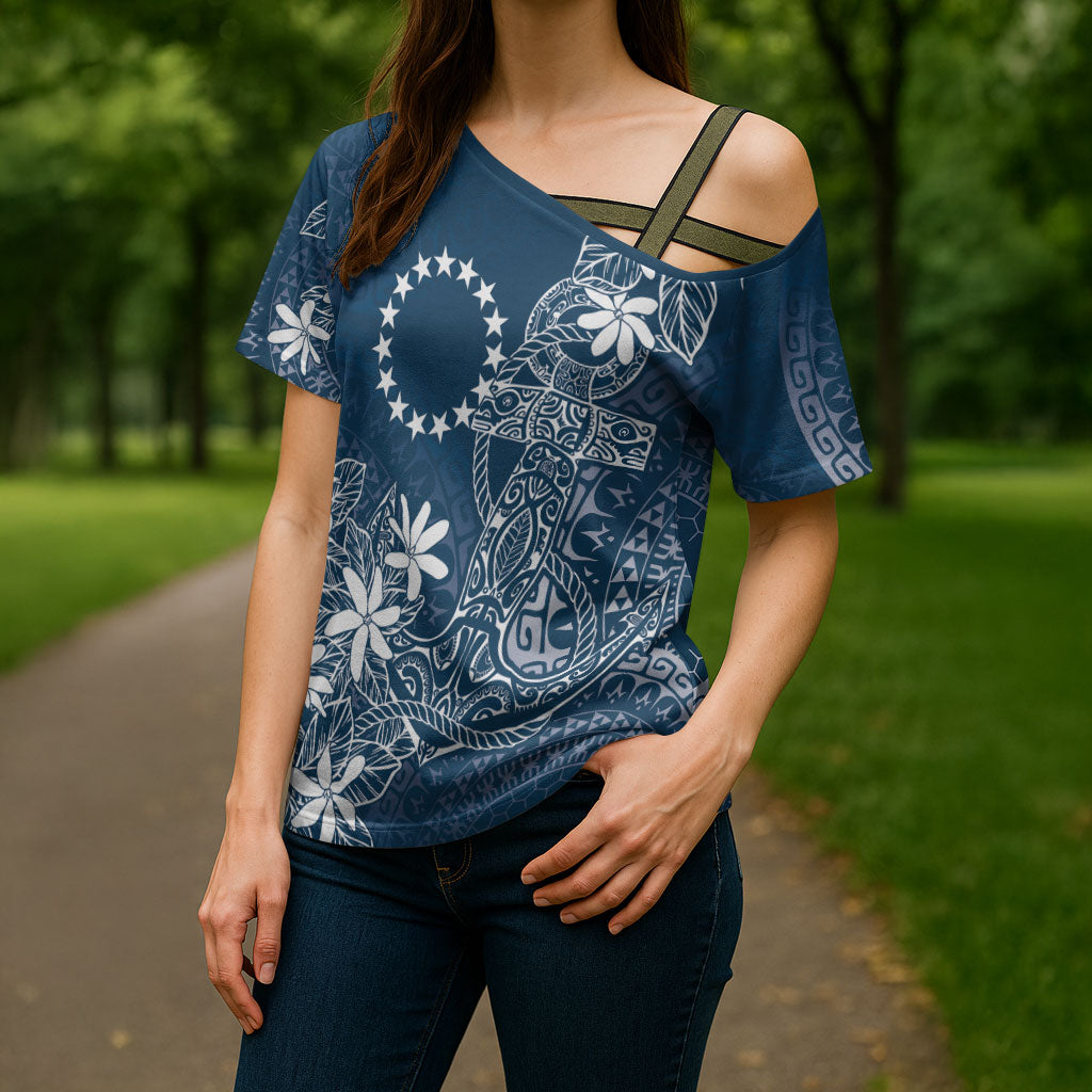 Navy Kuki Airani Tapakau Cross Shoulder Shirt Tribal Anchor Mix Tiare