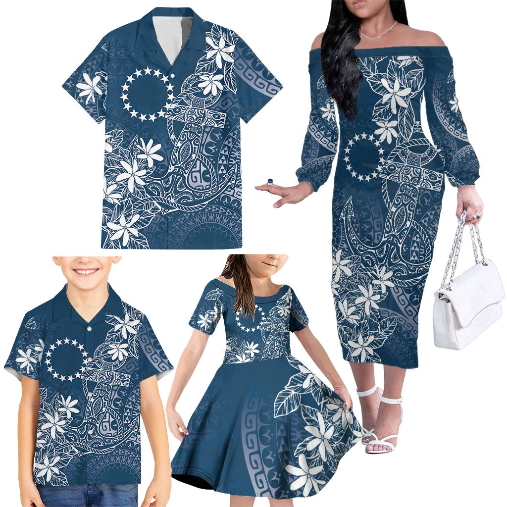 Navy Kuki Airani Tapakau Family Matching Off The Shoulder Long Sleeve Dress and Hawaiian Shirt Tribal Anchor Mix Tiare LT7 - Polynesian Pride
