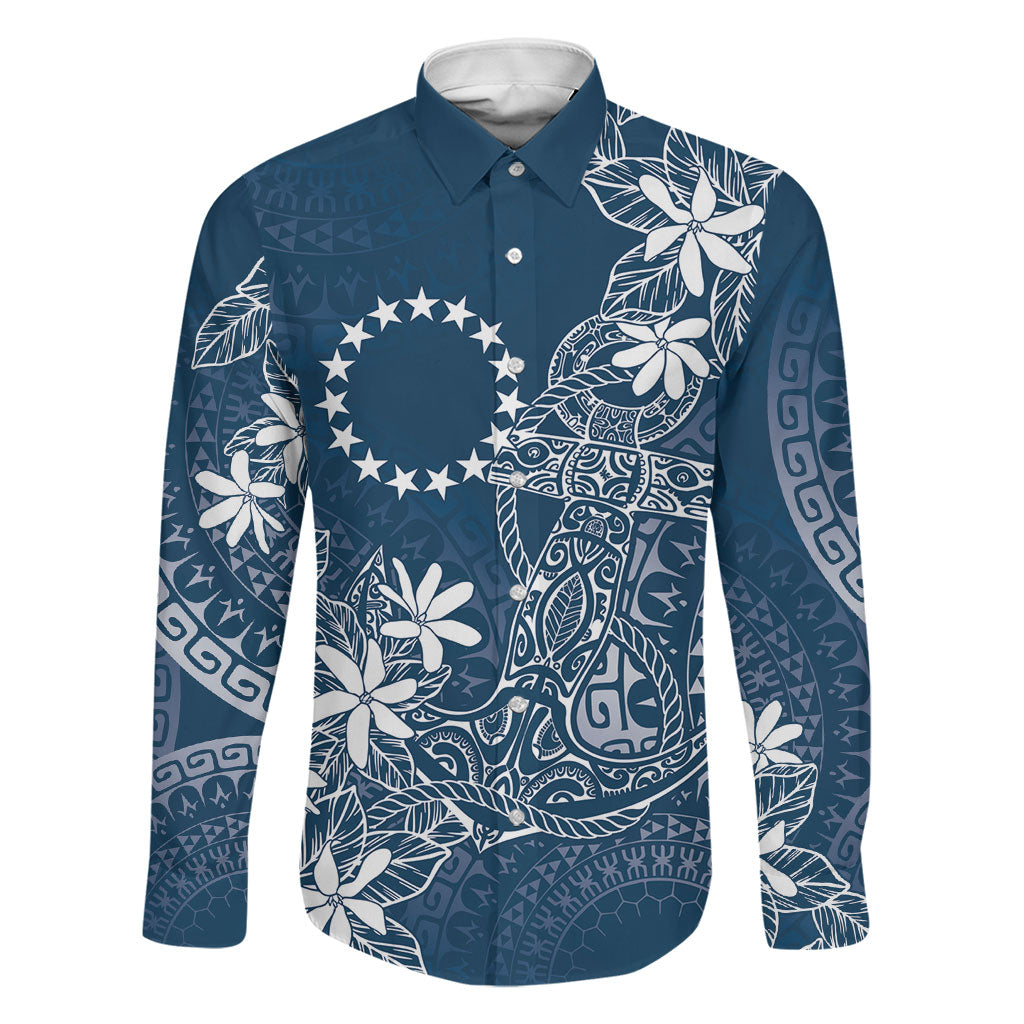 Navy Kuki Airani Tapakau Family Matching Off Shoulder Maxi Dress and Hawaiian Shirt Tribal Anchor Mix Tiare LT7 Dad's Shirt - Long Sleeve Navy - Polynesian Pride