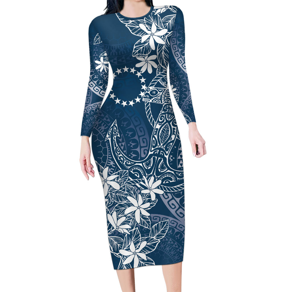 Navy Kuki Airani Tapakau Long Sleeve Bodycon Dress Tribal Anchor Mix Tiare LT7 Long Dress Navy - Polynesian Pride