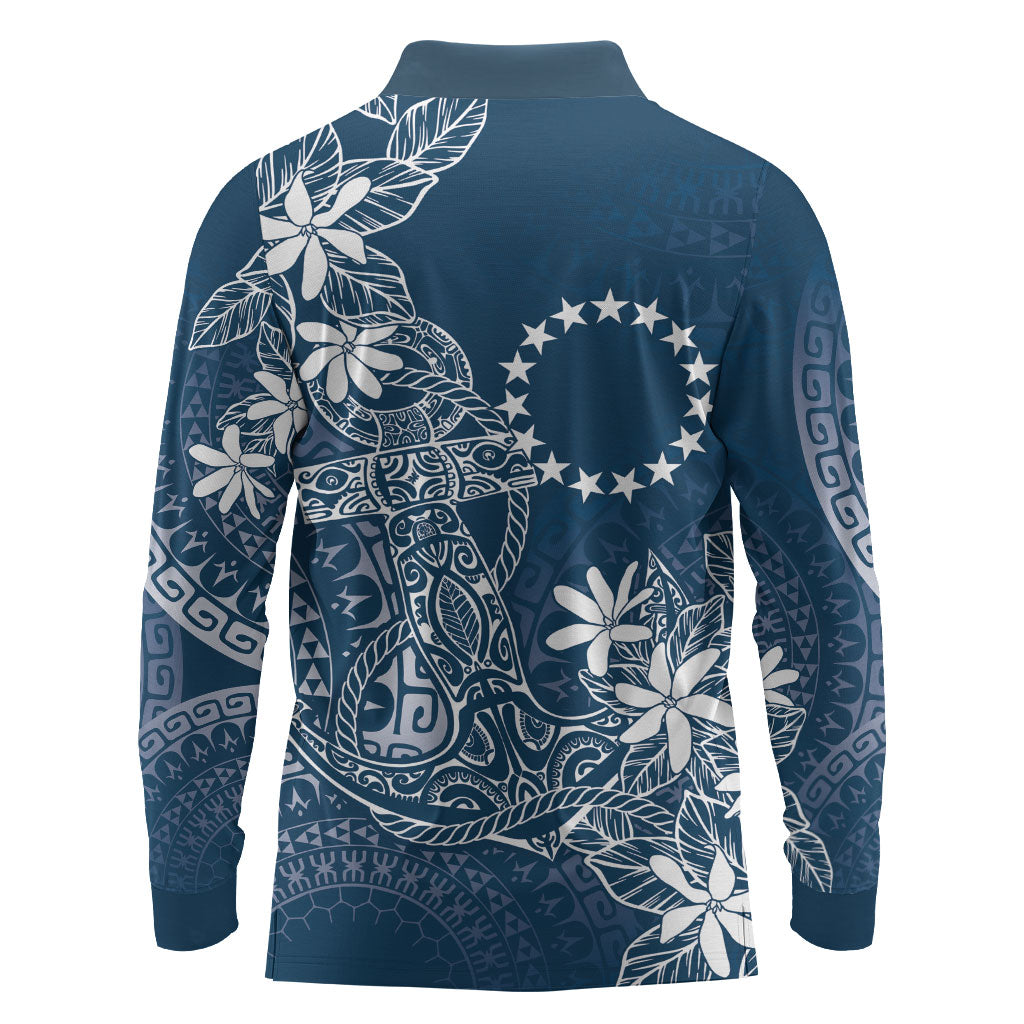 Navy Kuki Airani Tapakau Long Sleeve Polo Shirt Tribal Anchor Mix Tiare LT7 - Polynesian Pride