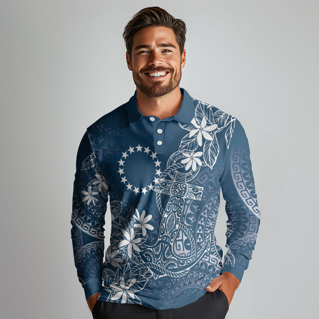 Navy Kuki Airani Tapakau Long Sleeve Polo Shirt Tribal Anchor Mix Tiare LT7 - Polynesian Pride