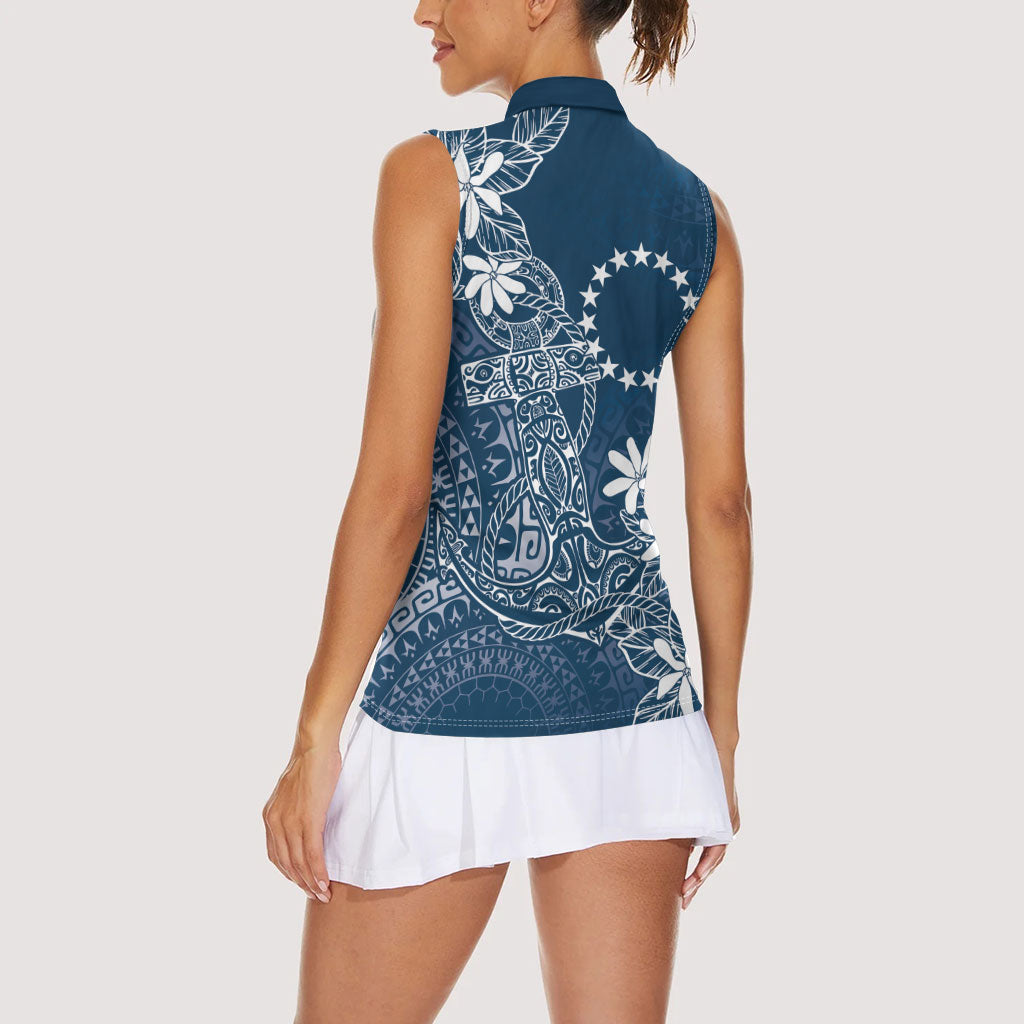 Navy Kuki Airani Tapakau Women Sleeveless Polo Shirt Tribal Anchor Mix Tiare LT7 - Polynesian Pride