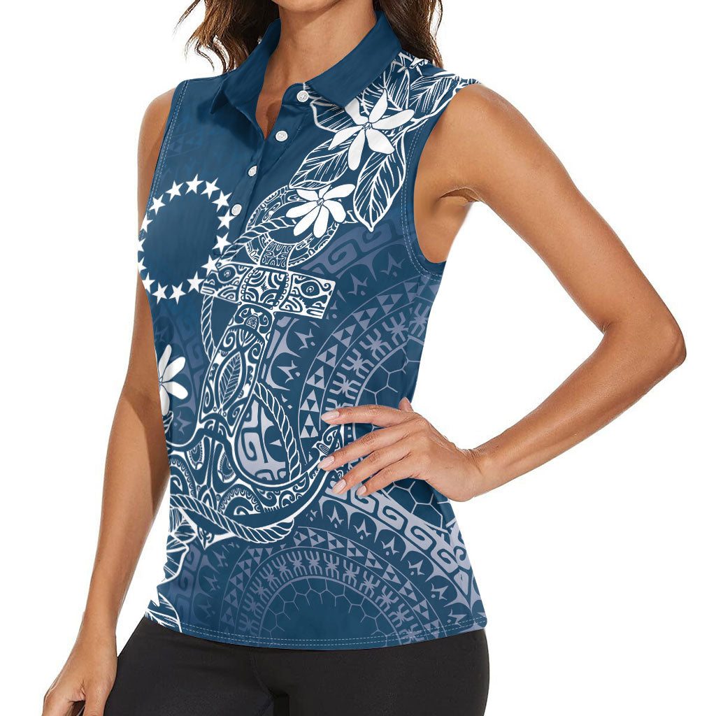 Navy Kuki Airani Tapakau Women Sleeveless Polo Shirt Tribal Anchor Mix Tiare LT7 - Polynesian Pride