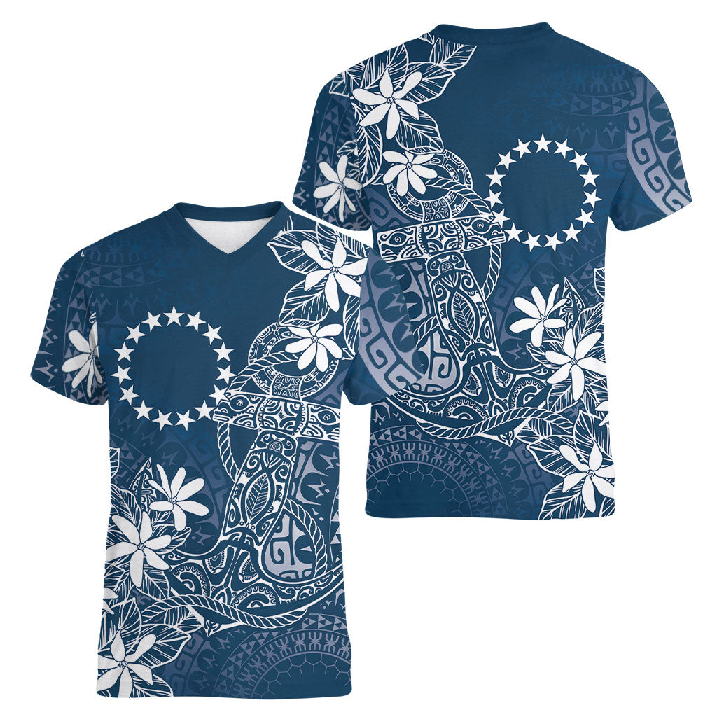 Navy Kuki Airani Tapakau Women V-Neck T-Shirt Tribal Anchor Mix Tiare LT7 - Polynesian Pride