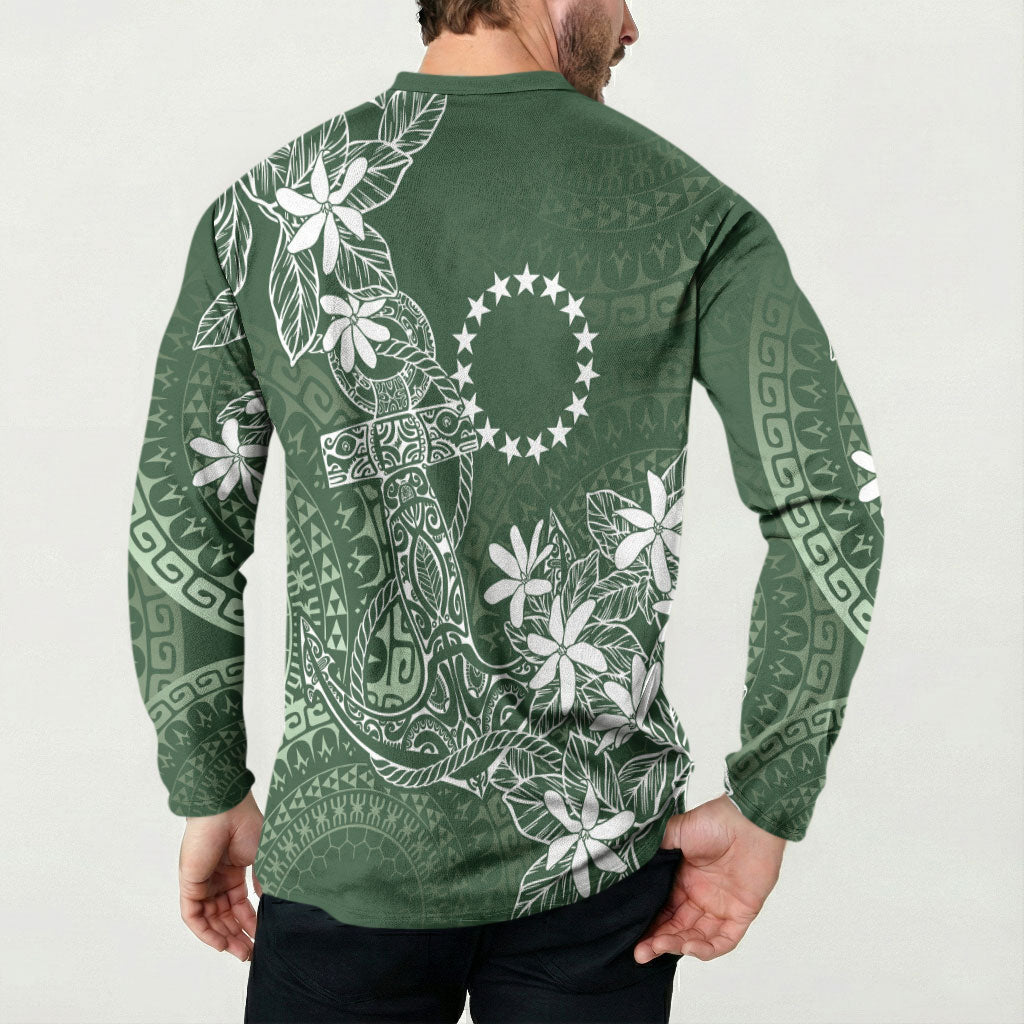 Sage Green Kuki Airani Tapakau Button Sweatshirt Tribal Anchor Mix Tiare