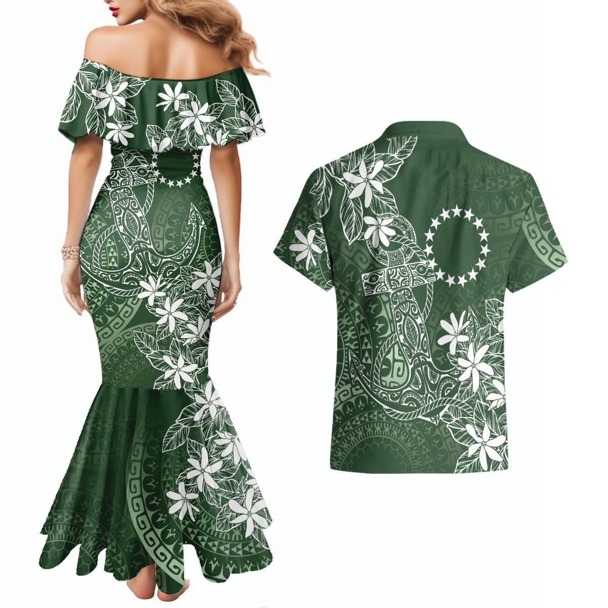 Sage Green Kuki Airani Tapakau Couples Matching Mermaid Dress and Hawaiian Shirt Tribal Anchor Mix Tiare LT7 - Polynesian Pride