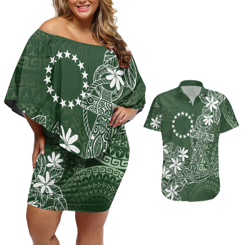 Sage Green Kuki Airani Tapakau Couples Matching Off Shoulder Short Dress and Hawaiian Shirt Tribal Anchor Mix Tiare LT7 Sage Green - Polynesian Pride
