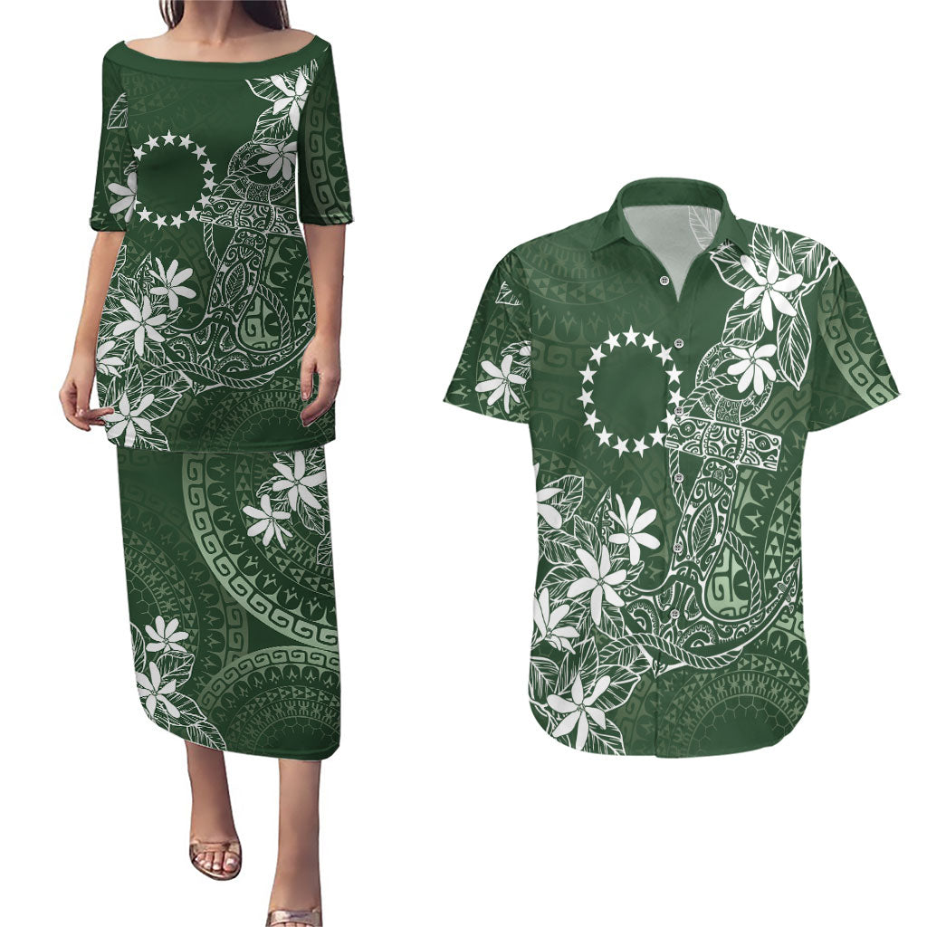 Sage Green Kuki Airani Tapakau Couples Matching Puletasi and Hawaiian Shirt Tribal Anchor Mix Tiare