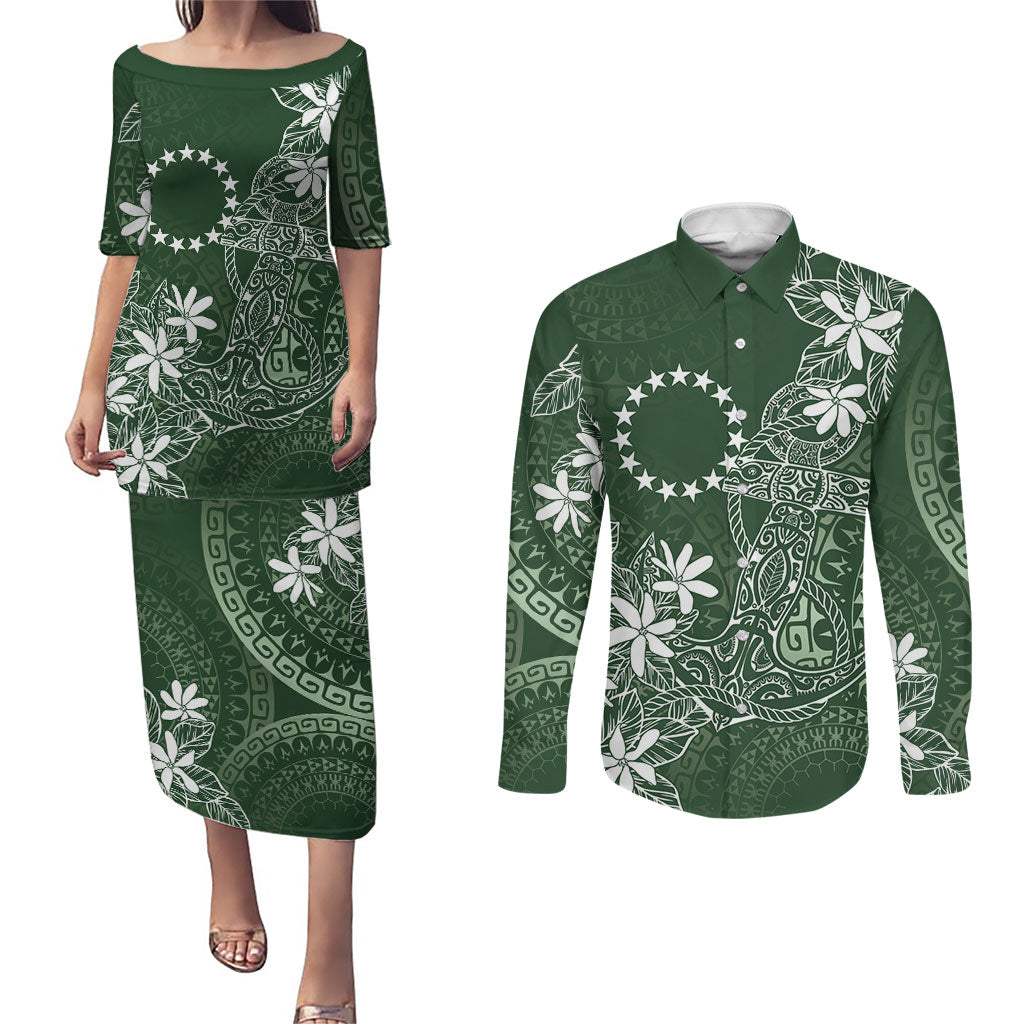 Sage Green Kuki Airani Tapakau Couples Matching Puletasi and Long Sleeve Button Shirt Tribal Anchor Mix Tiare LT7 Sage Green - Polynesian Pride