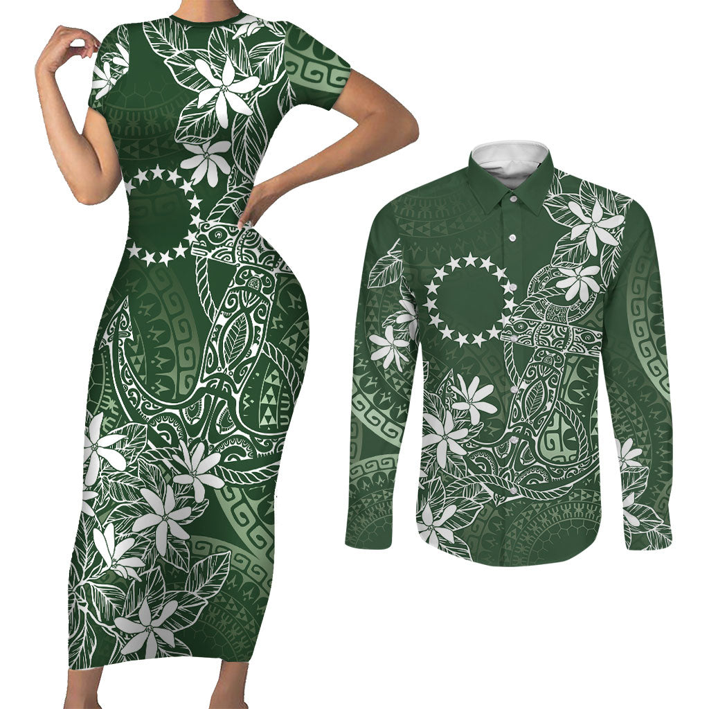 Sage Green Kuki Airani Tapakau Couples Matching Short Sleeve Bodycon Dress and Long Sleeve Button Shirt Tribal Anchor Mix Tiare