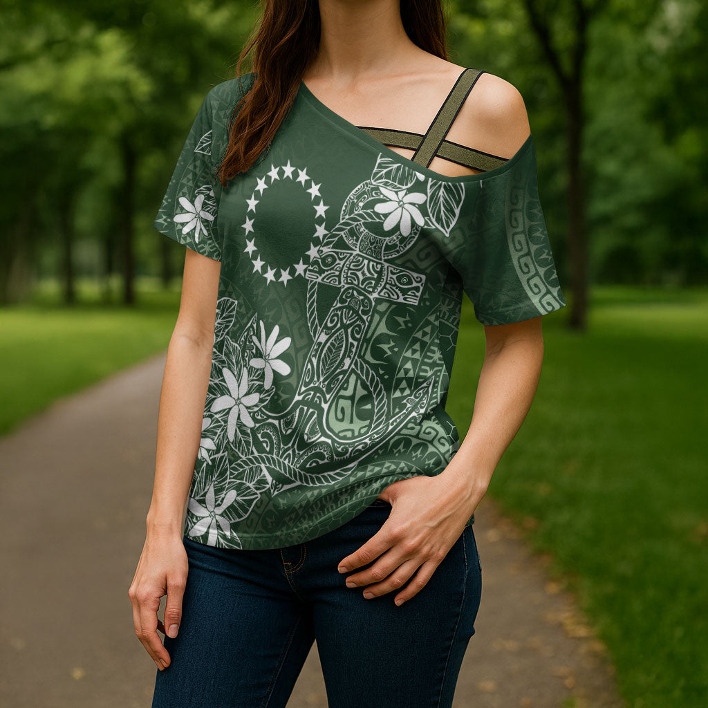 Sage Green Kuki Airani Tapakau Cross Shoulder Shirt Tribal Anchor Mix Tiare LT7 - Polynesian Pride