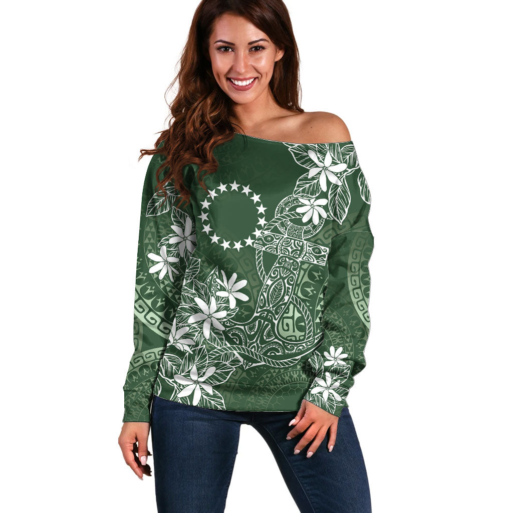 Sage Green Kuki Airani Tapakau Off Shoulder Sweater Tribal Anchor Mix Tiare