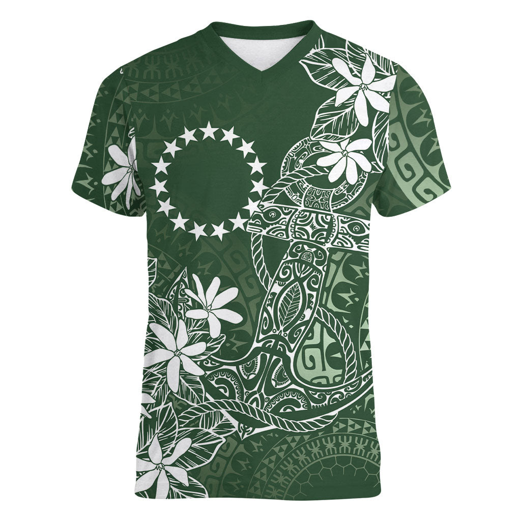 Sage Green Kuki Airani Tapakau Women V-Neck T-Shirt Tribal Anchor Mix Tiare