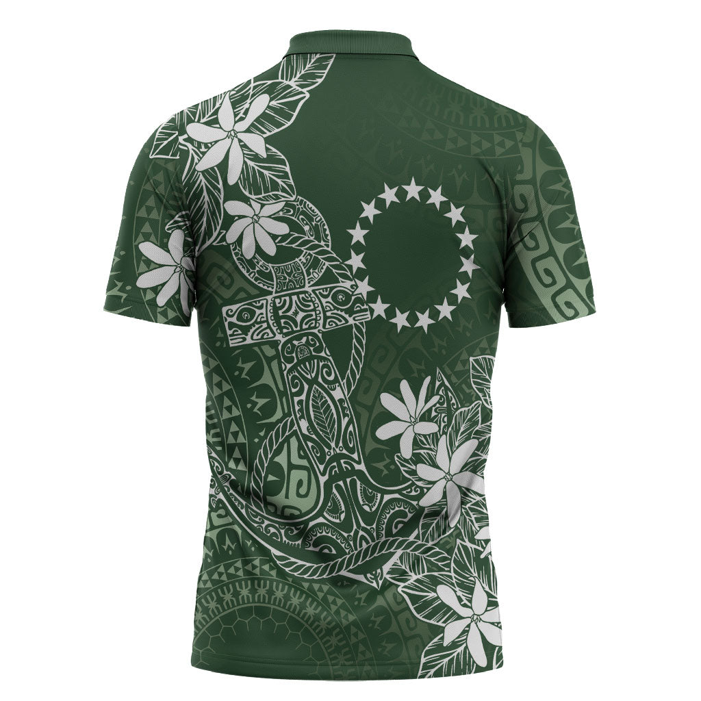 Sage Green Kuki Airani Tapakau Zipper Polo Shirt Tribal Anchor Mix Tiare LT7 - Polynesian Pride