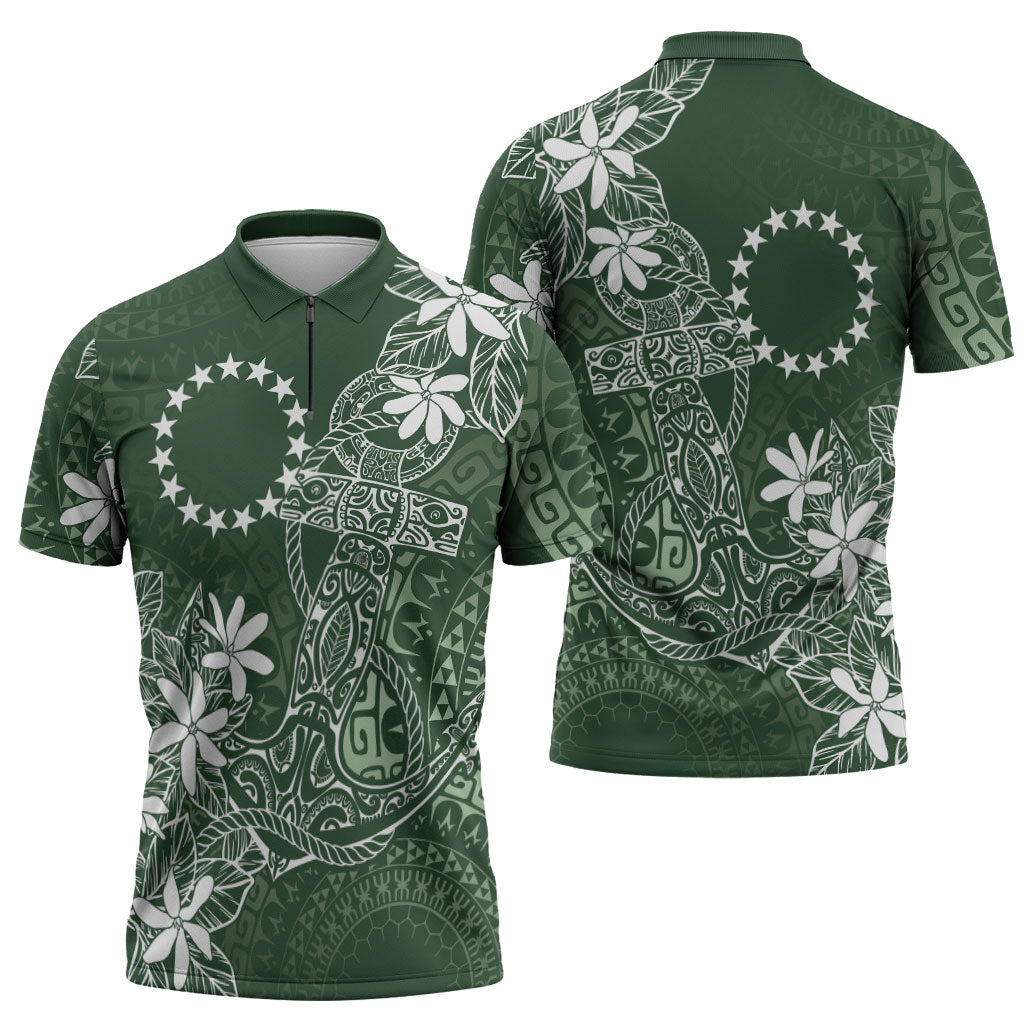 Sage Green Kuki Airani Tapakau Zipper Polo Shirt Tribal Anchor Mix Tiare LT7 - Polynesian Pride