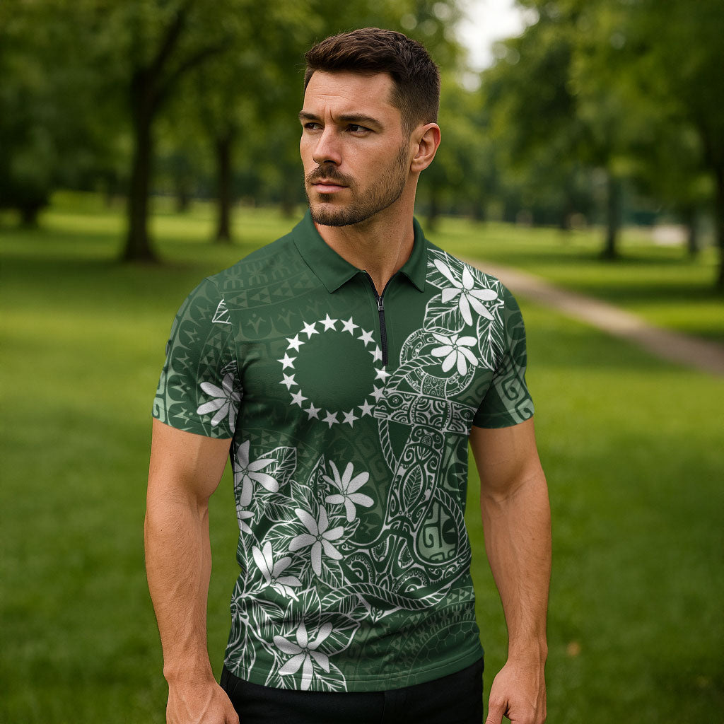 Sage Green Kuki Airani Tapakau Zipper Polo Shirt Tribal Anchor Mix Tiare LT7 - Polynesian Pride