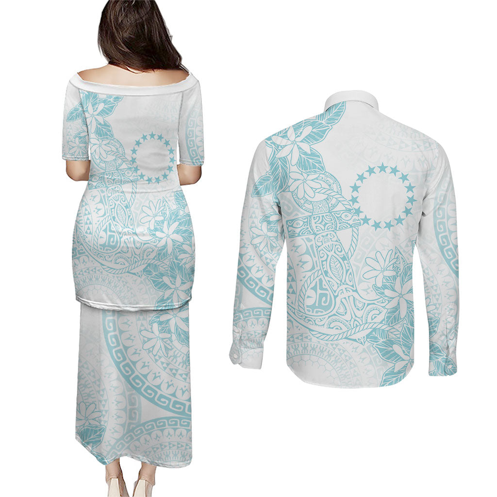 Turquoise Kuki Airani Tapakau Couples Matching Puletasi and Long Sleeve Button Shirt Tribal Anchor Mix Tiare LT7 - Polynesian Pride