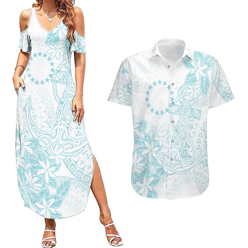 Turquoise Kuki Airani Tapakau Couples Matching Summer Maxi Dress and Hawaiian Shirt Tribal Anchor Mix Tiare