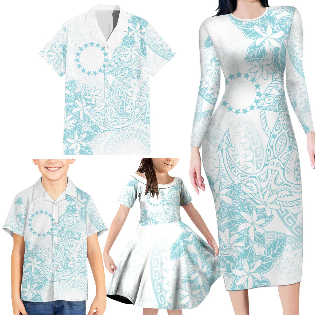 Turquoise Kuki Airani Tapakau Family Matching Long Sleeve Bodycon Dress and Hawaiian Shirt Tribal Anchor Mix Tiare LT7 - Polynesian Pride