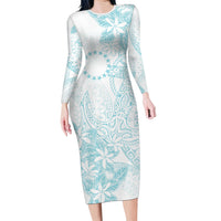 Turquoise Kuki Airani Tapakau Family Matching Long Sleeve Bodycon Dress and Hawaiian Shirt Tribal Anchor Mix Tiare LT7 Mom's Dress Turquoise - Polynesian Pride