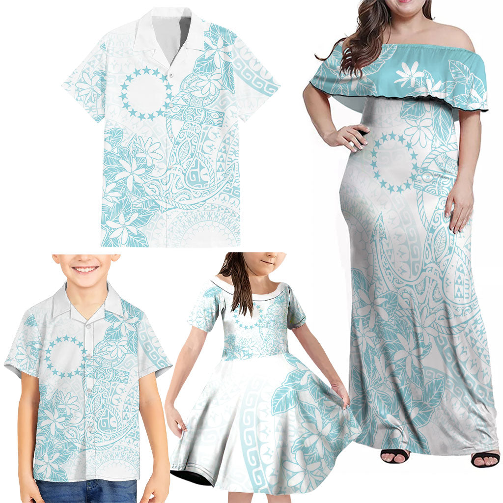 Turquoise Kuki Airani Tapakau Family Matching Off Shoulder Maxi Dress and Hawaiian Shirt Tribal Anchor Mix Tiare LT7 - Polynesian Pride