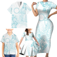 Turquoise Kuki Airani Tapakau Family Matching Short Sleeve Bodycon Dress and Hawaiian Shirt Tribal Anchor Mix Tiare LT7 - Polynesian Pride