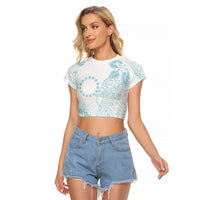 Turquoise Kuki Airani Tapakau Raglan Cropped T Shirt Tribal Anchor Mix Tiare LT7 Female Turquoise - Polynesian Pride