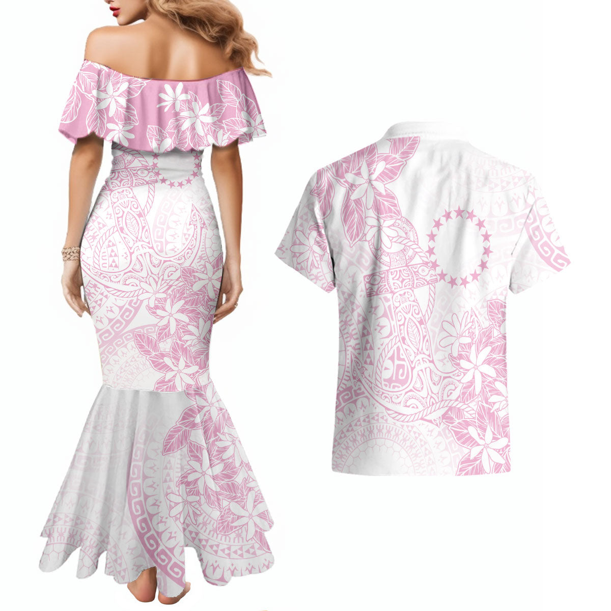 Candy Pink Kuki Airani Tapakau Couples Matching Mermaid Dress and Hawaiian Shirt Tribal Anchor Mix Tiare LT7 - Polynesian Pride