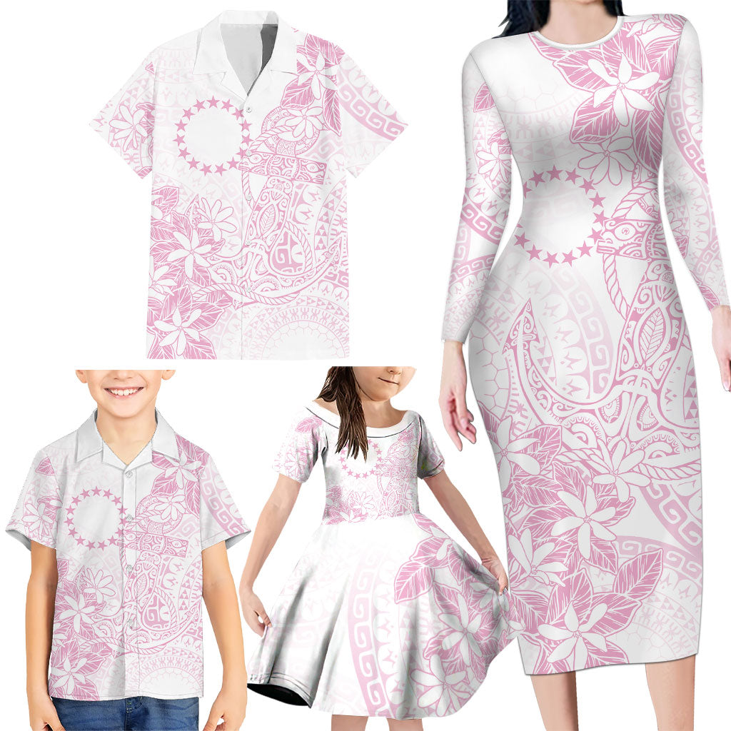 Candy Pink Kuki Airani Tapakau Family Matching Long Sleeve Bodycon Dress and Hawaiian Shirt Tribal Anchor Mix Tiare LT7 - Polynesian Pride