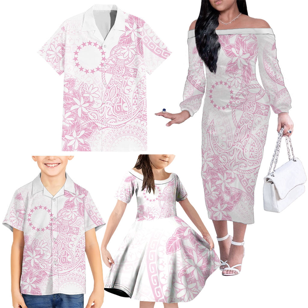 Candy Pink Kuki Airani Tapakau Family Matching Off The Shoulder Long Sleeve Dress and Hawaiian Shirt Tribal Anchor Mix Tiare LT7 - Polynesian Pride